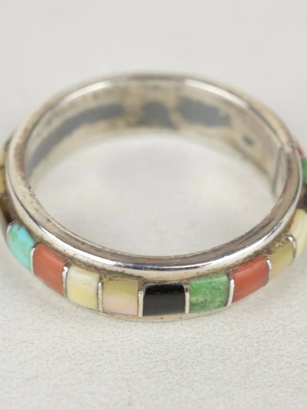 Vintage Navajo Sterling Silver Multi Stone Inlay Ring Band Sz 9 Southwest 4.3g - Picture 6 of 8